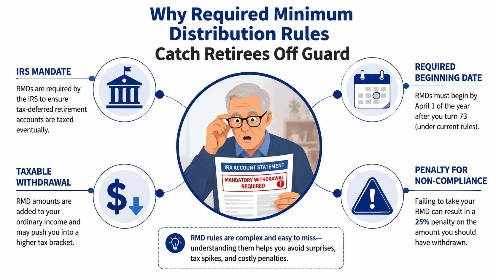 An infographic titled Why Required Minimum Distribution Rules Catch Retirees Off Guard explaining RMD policies and penalties.