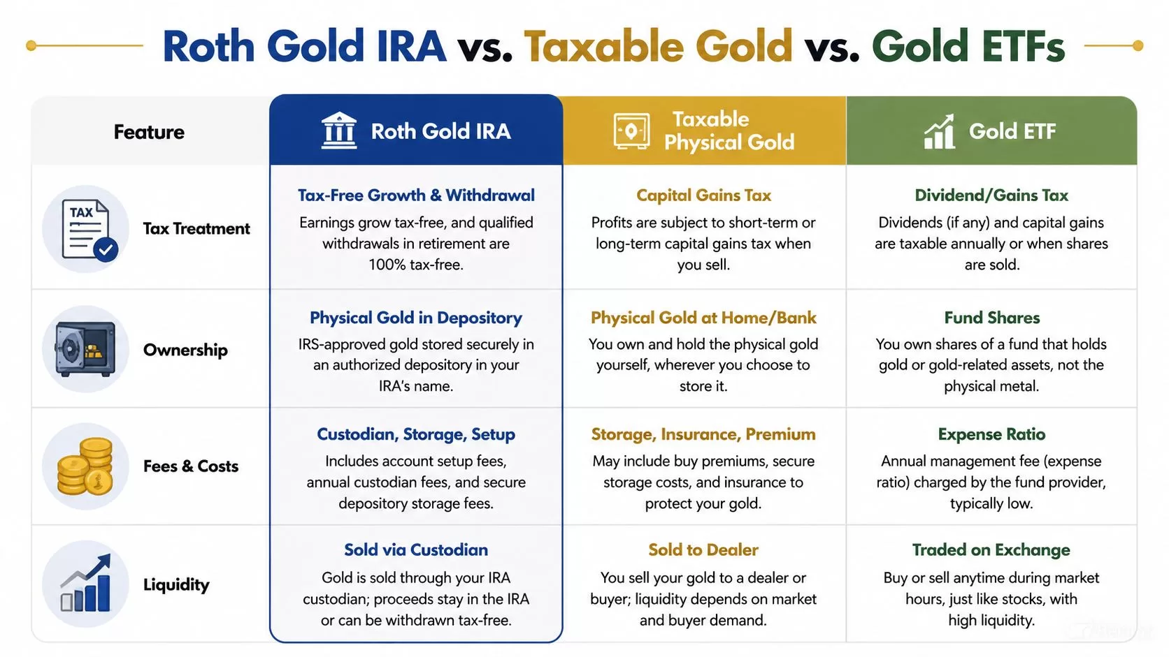 A comparison chart outlining the key differences between Roth Gold IRA, taxable physical gold, and gold ETFs.