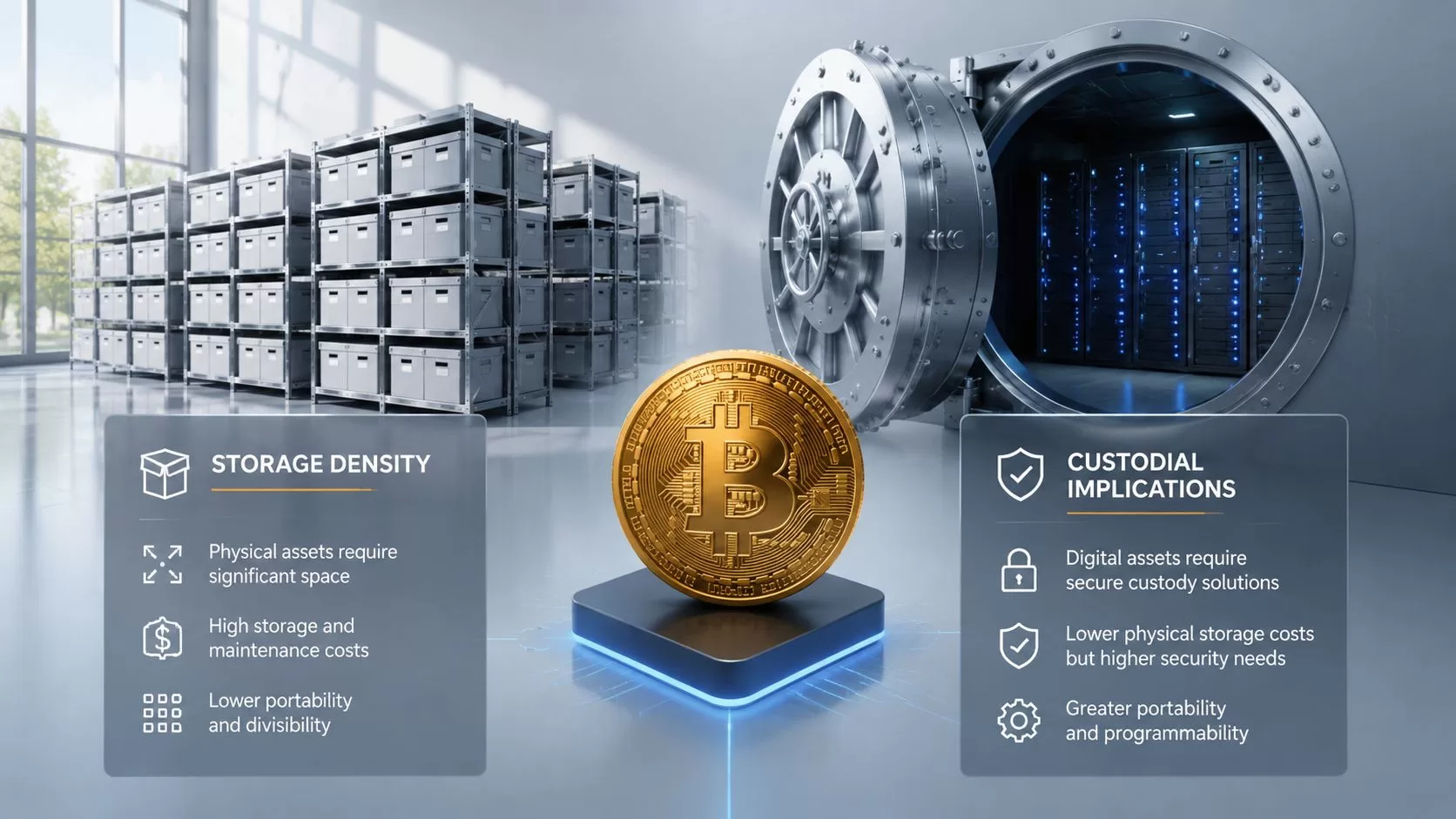 A digital illustration comparing physical storage against digital bitcoin storage with a golden bitcoin coin centerpiece.