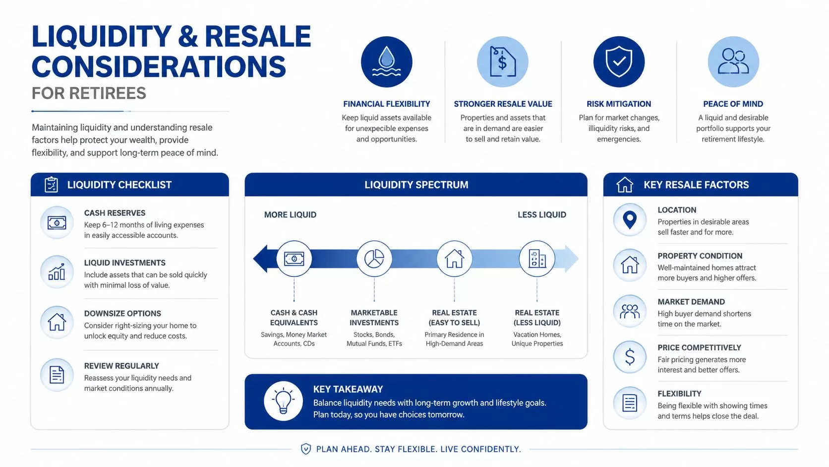 An infographic titled Liquidity and Resale Considerations for Retirees, outlining financial tips, liquidity spectrums, and resale factors.