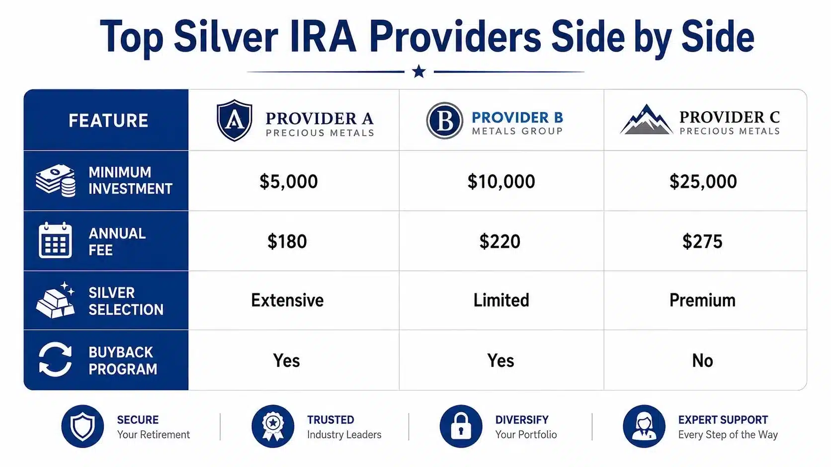 A comparison chart showing features like minimum investment, fees, and services for three top silver IRA providers.