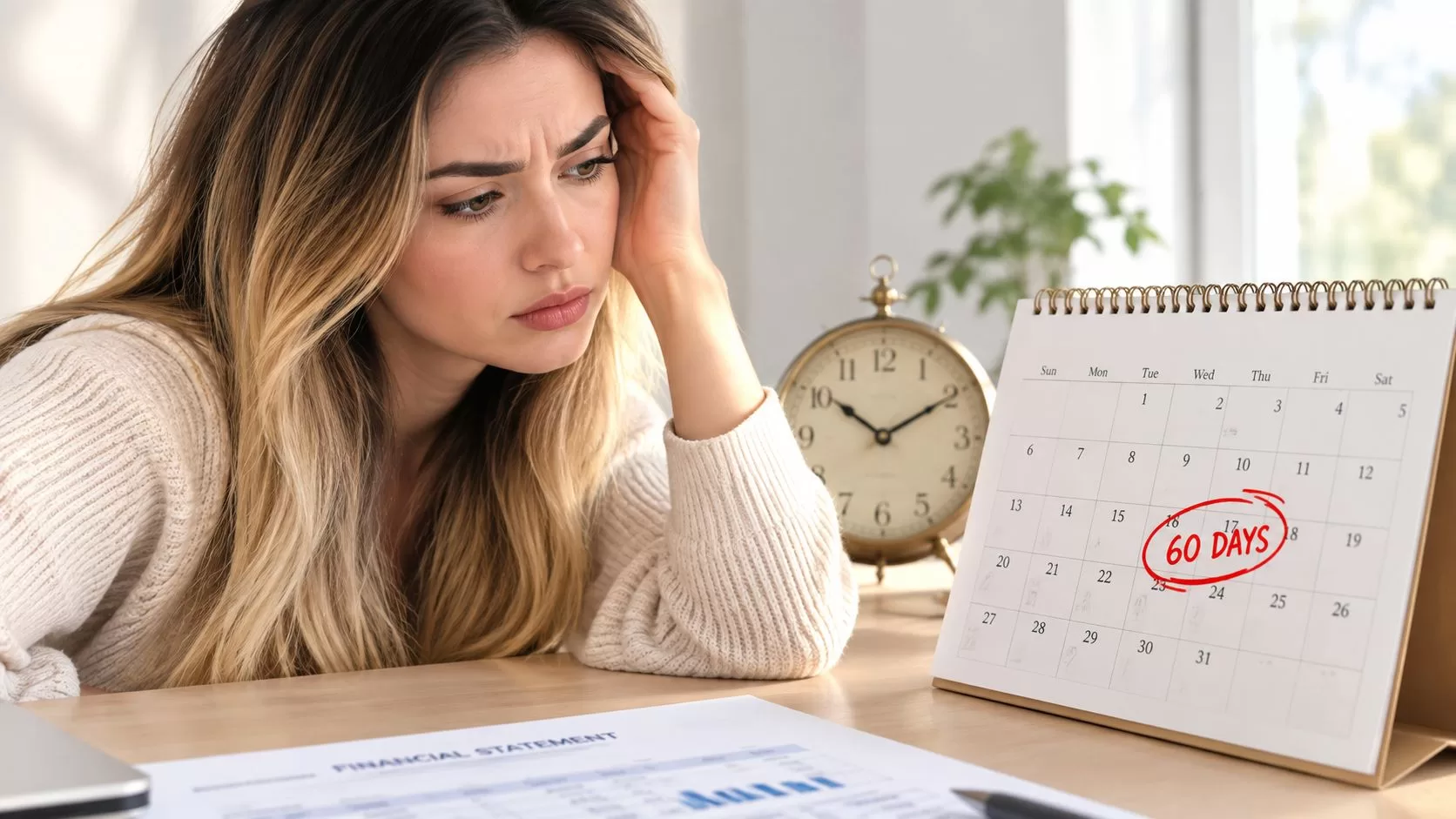 A stressed woman looking at a financial statement and a calendar marked with a 60-day deadline.