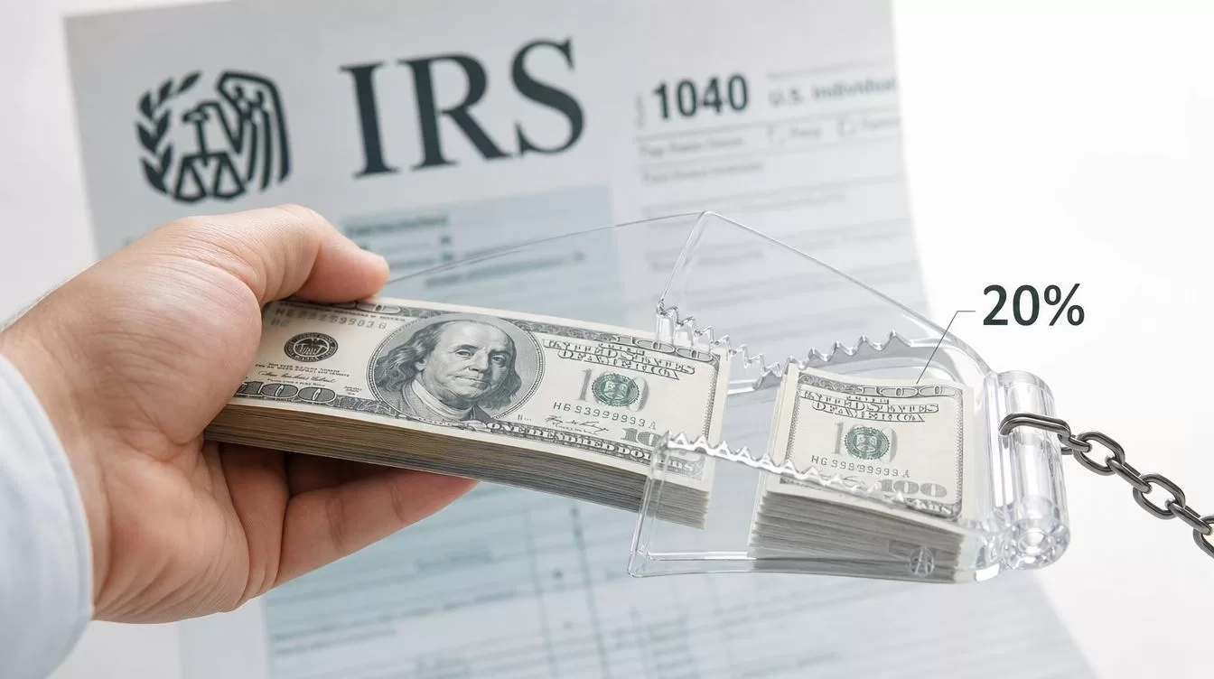 A hand holds a stack of cash trapped in a mouse trap over an IRS 1040 tax form.