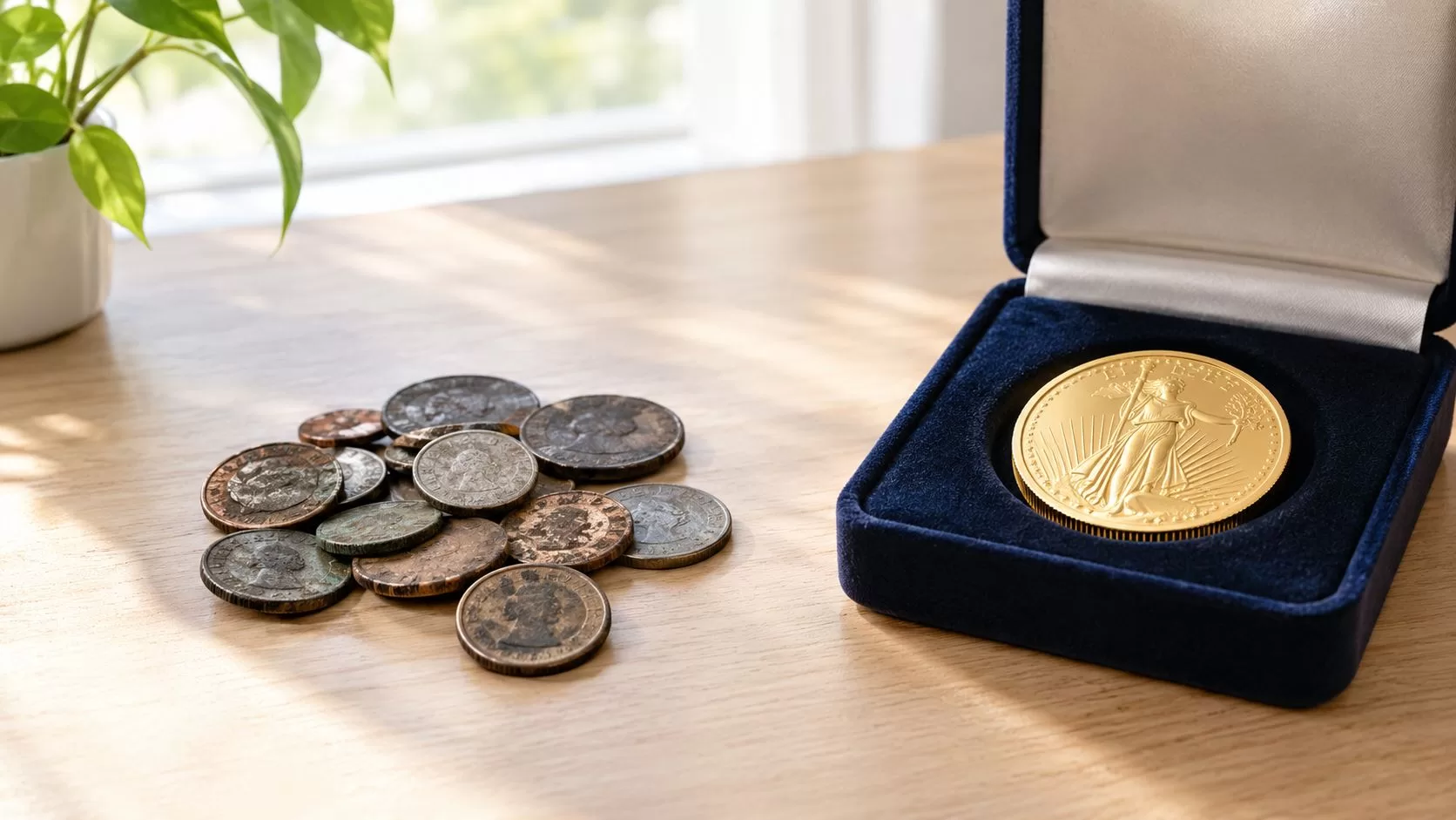 A contrast between tarnished old circulated coins and a pristine uncirculated gold coin in a box.