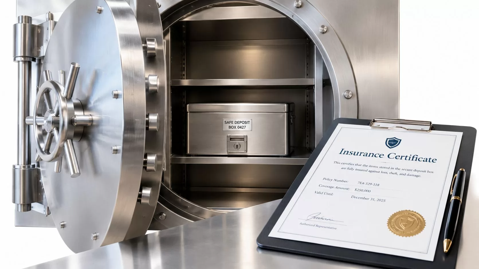 An open steel bank vault containing a secure deposit box next to an insurance certificate on a clipboard.