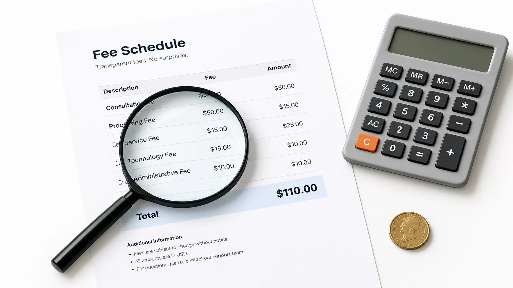 A magnifying glass placed over a fee schedule document with a calculator and a gold coin nearby.
