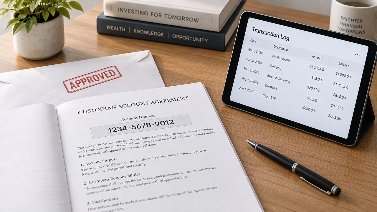 A top-down view of a document titled Custodian Account Agreement with an approved stamp, pen, and tablet.