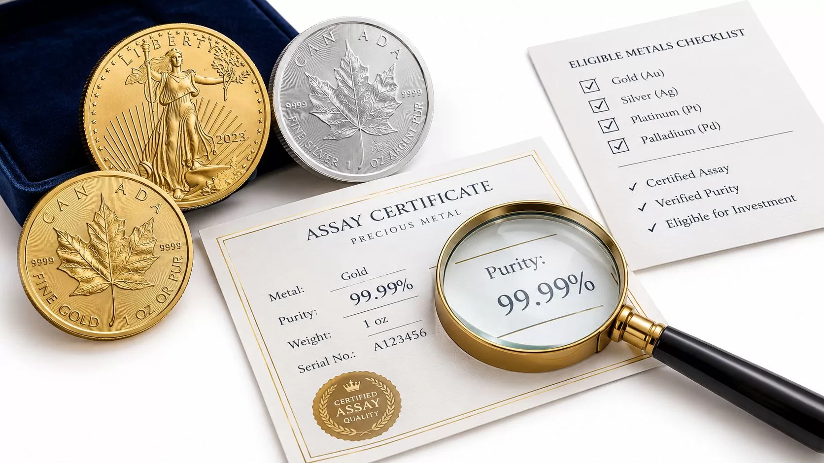 A close-up view of gold and silver coins, an assay certificate, and an investment checklist.