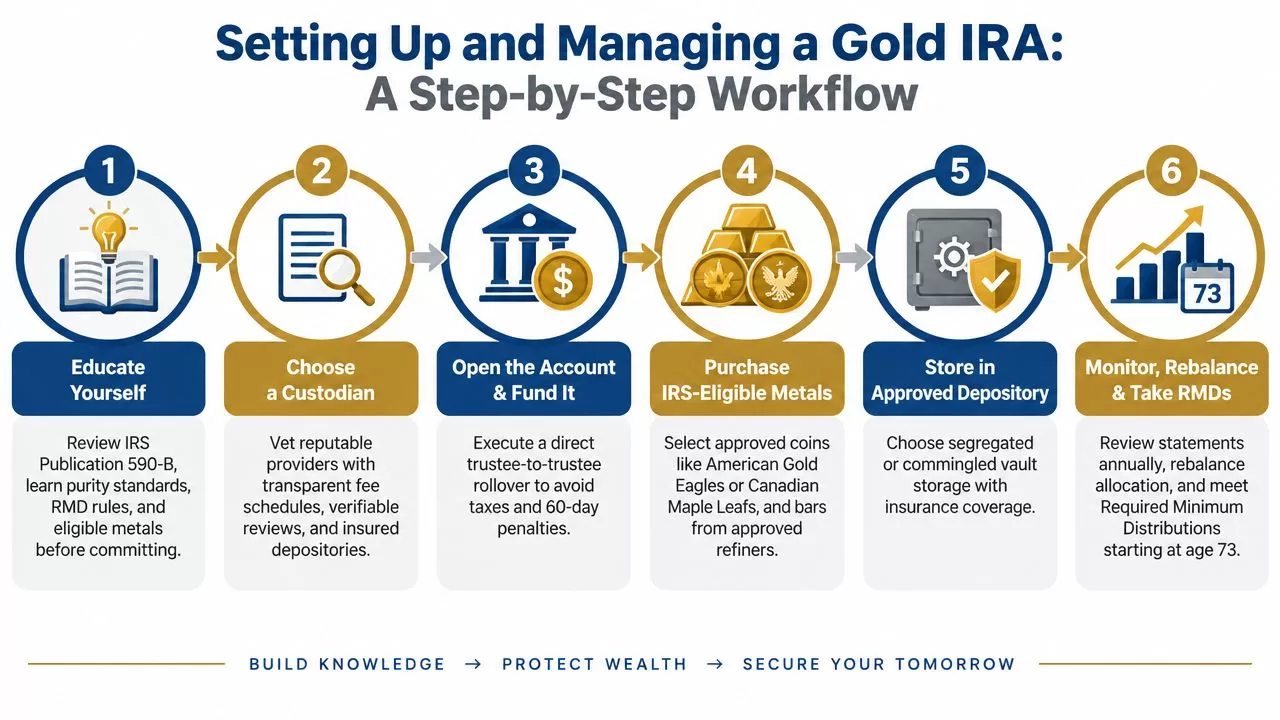 A six-step workflow infographic explaining the process of setting up and managing a gold IRA investment account.