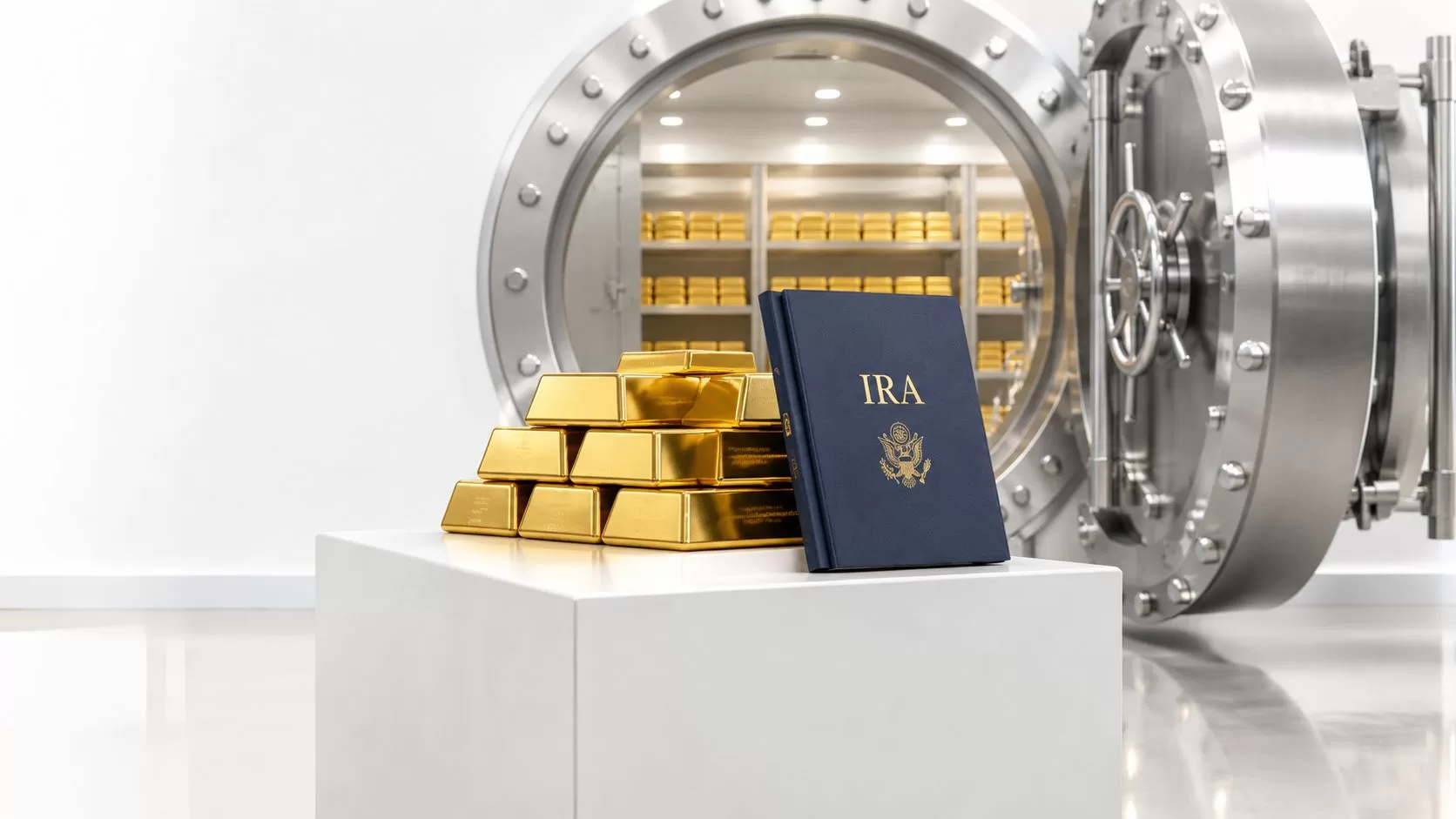 A stack of gold bars next to a blue book labeled IRA inside a bank vault.