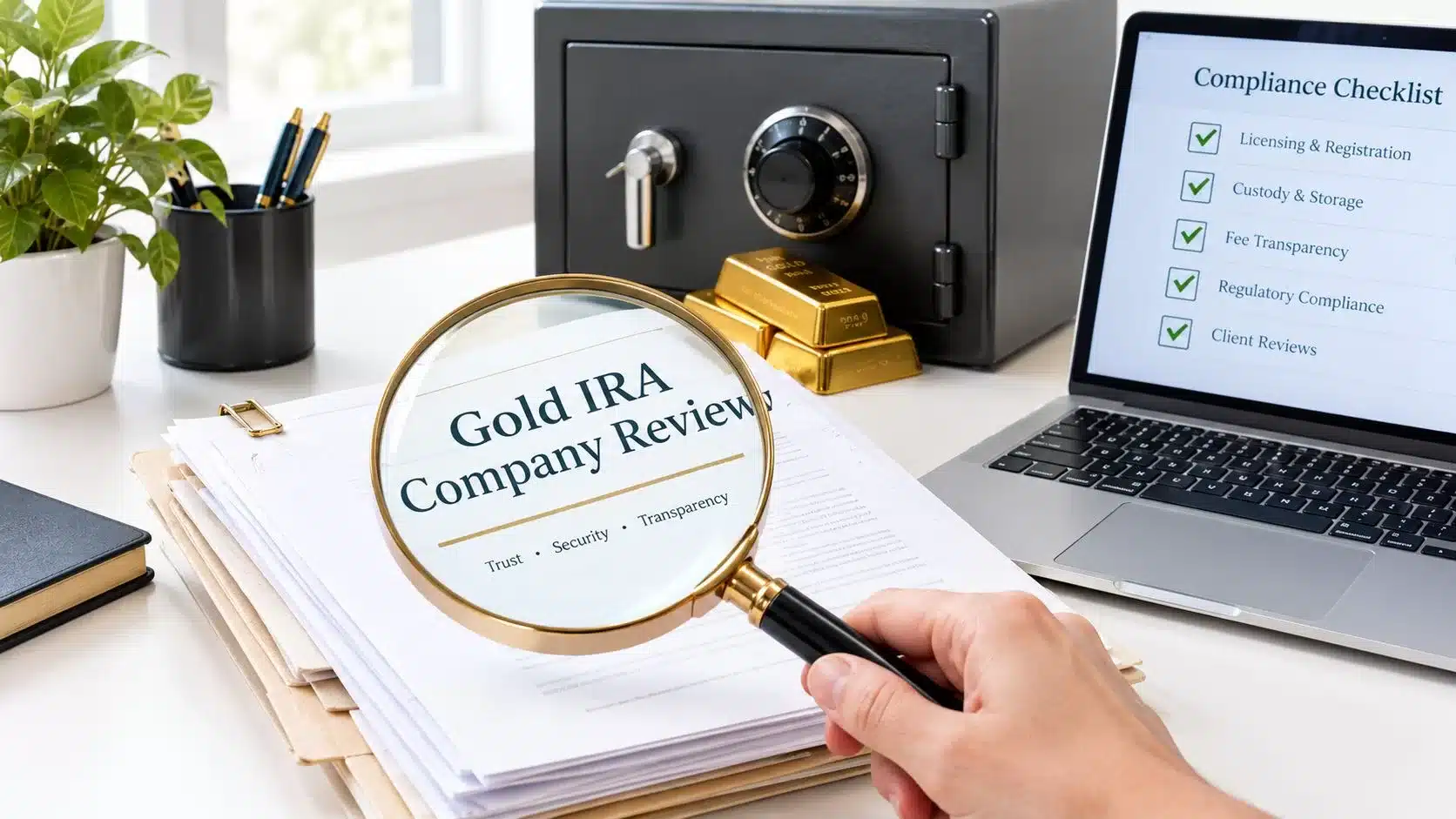 A magnifying glass held over a document titled Gold IRA Company Review with a laptop and safe.