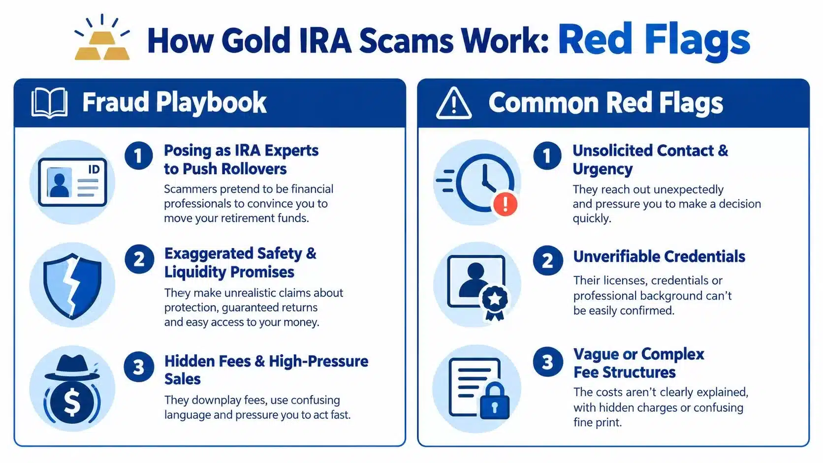 An infographic detailing common red flags and fraud tactics used in gold IRA investment scams.