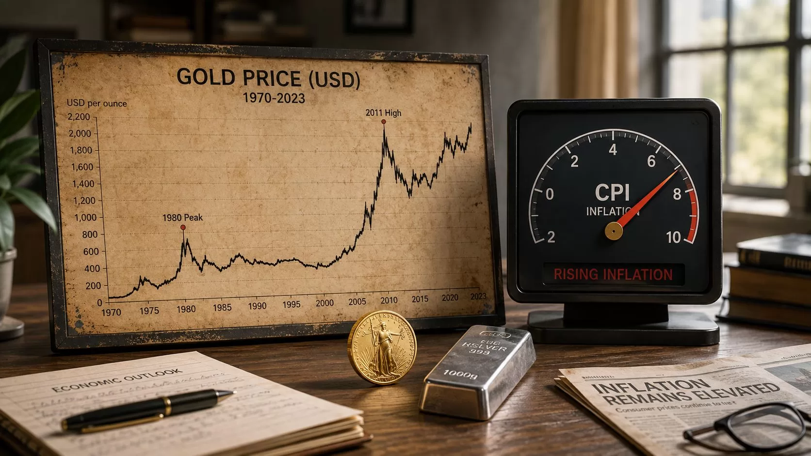 A wooden table featuring a gold price chart, a CPI inflation gauge, gold coins, and financial newspapers.