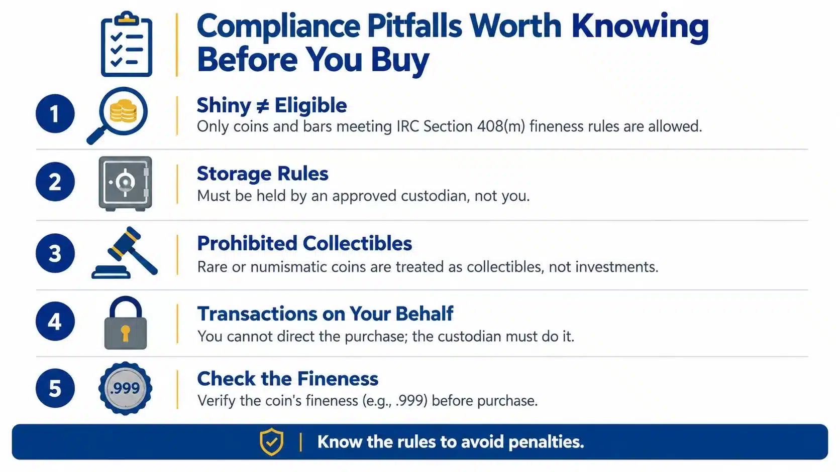 An infographic titled Compliance Pitfalls Worth Knowing Before You Buy, listing five rules for gold and silver IRAs.