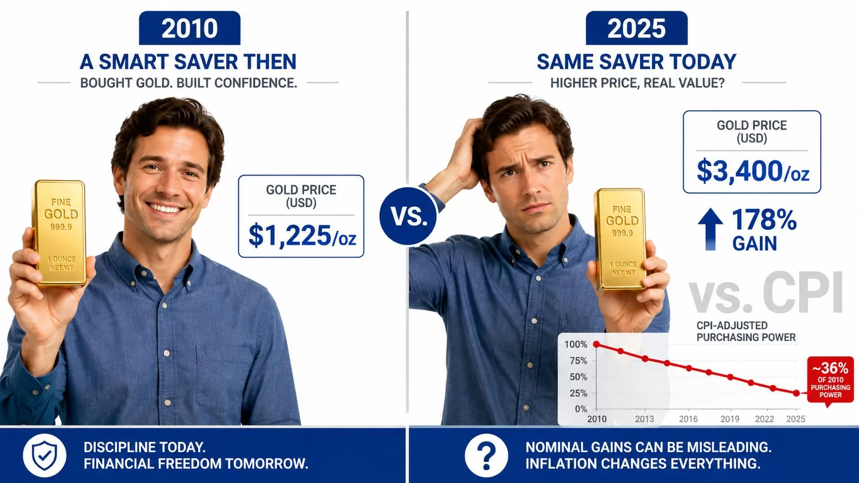 A comparison infographic showing gold price appreciation from 2010 to 2025 against inflation-adjusted purchasing power.