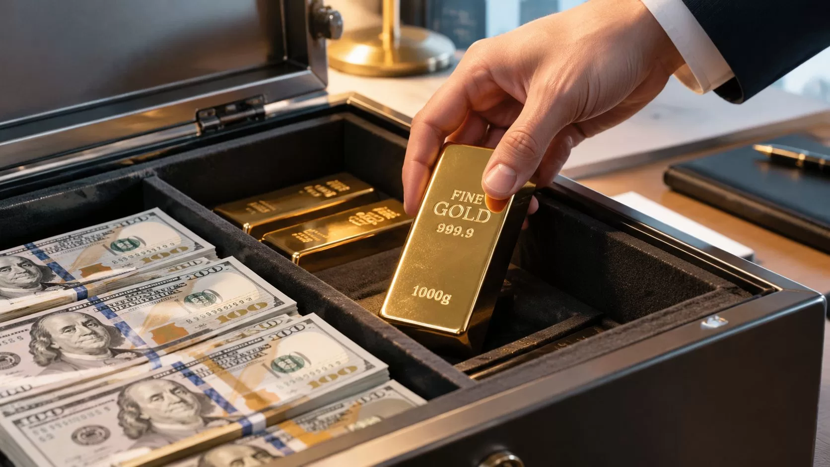 A hand placing a gold bar into an open safe containing stacks of one hundred dollar bills.