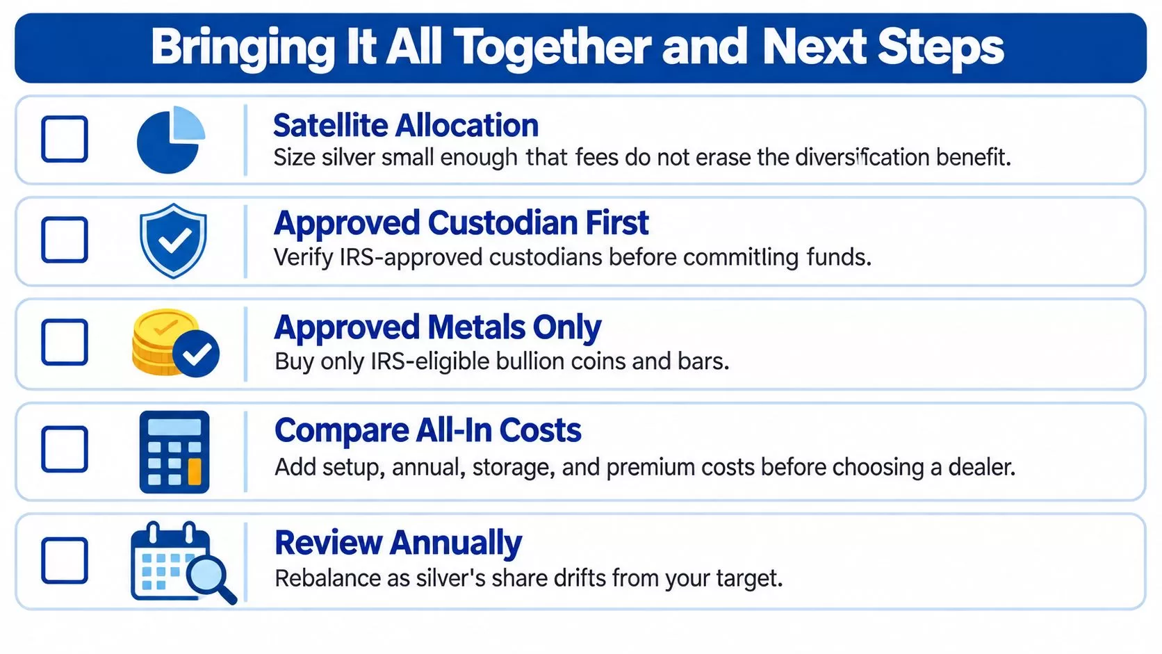 A checklist titled Bringing It All Together and Next Steps for managing a silver investment account.