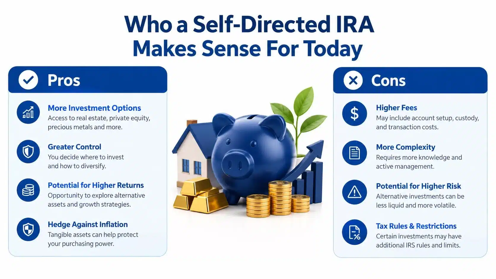 A comparison chart showing the pros and cons of using a self-directed IRA for investment purposes.