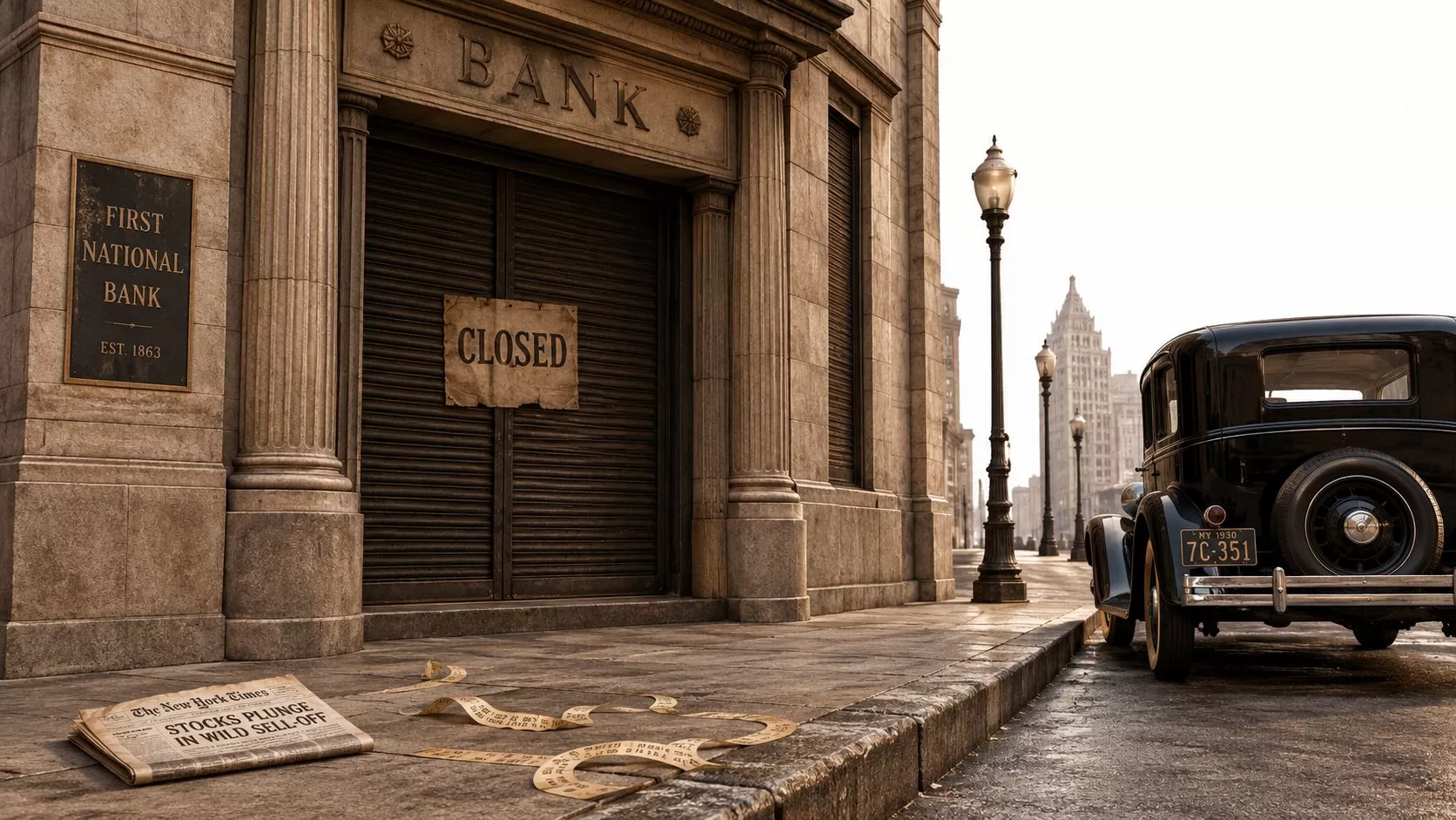 A closed bank building during the Great Depression with a vintage car and a newspaper on the sidewalk.