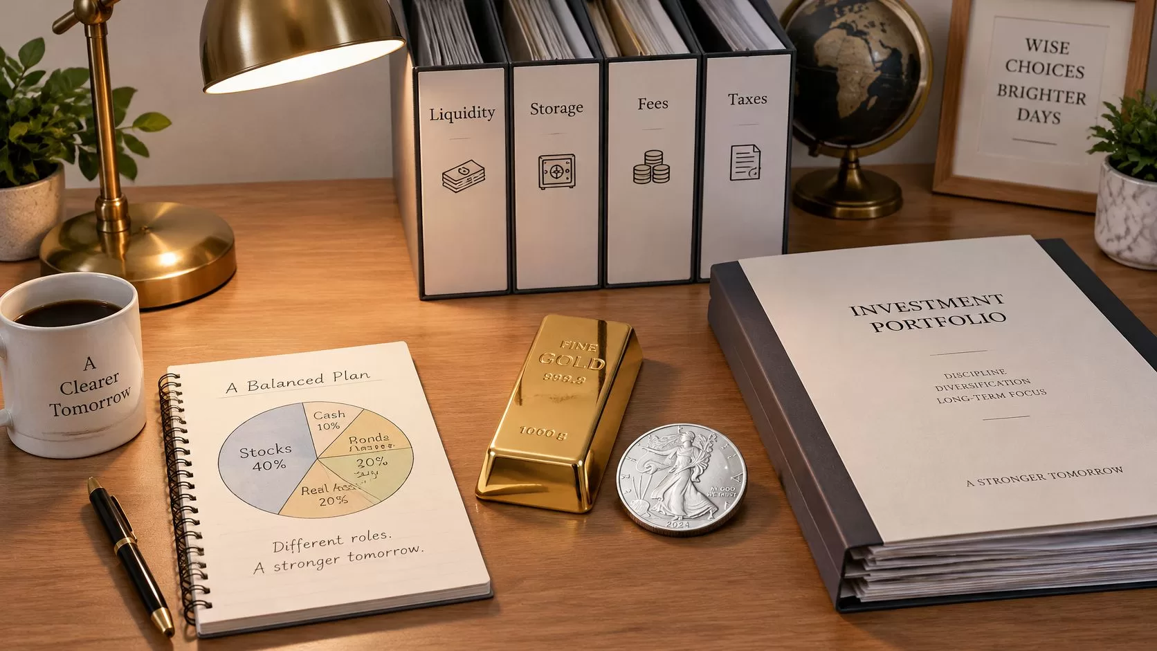 A neatly organized desk featuring an investment portfolio, gold bar, silver coin, and a balanced investment plan.