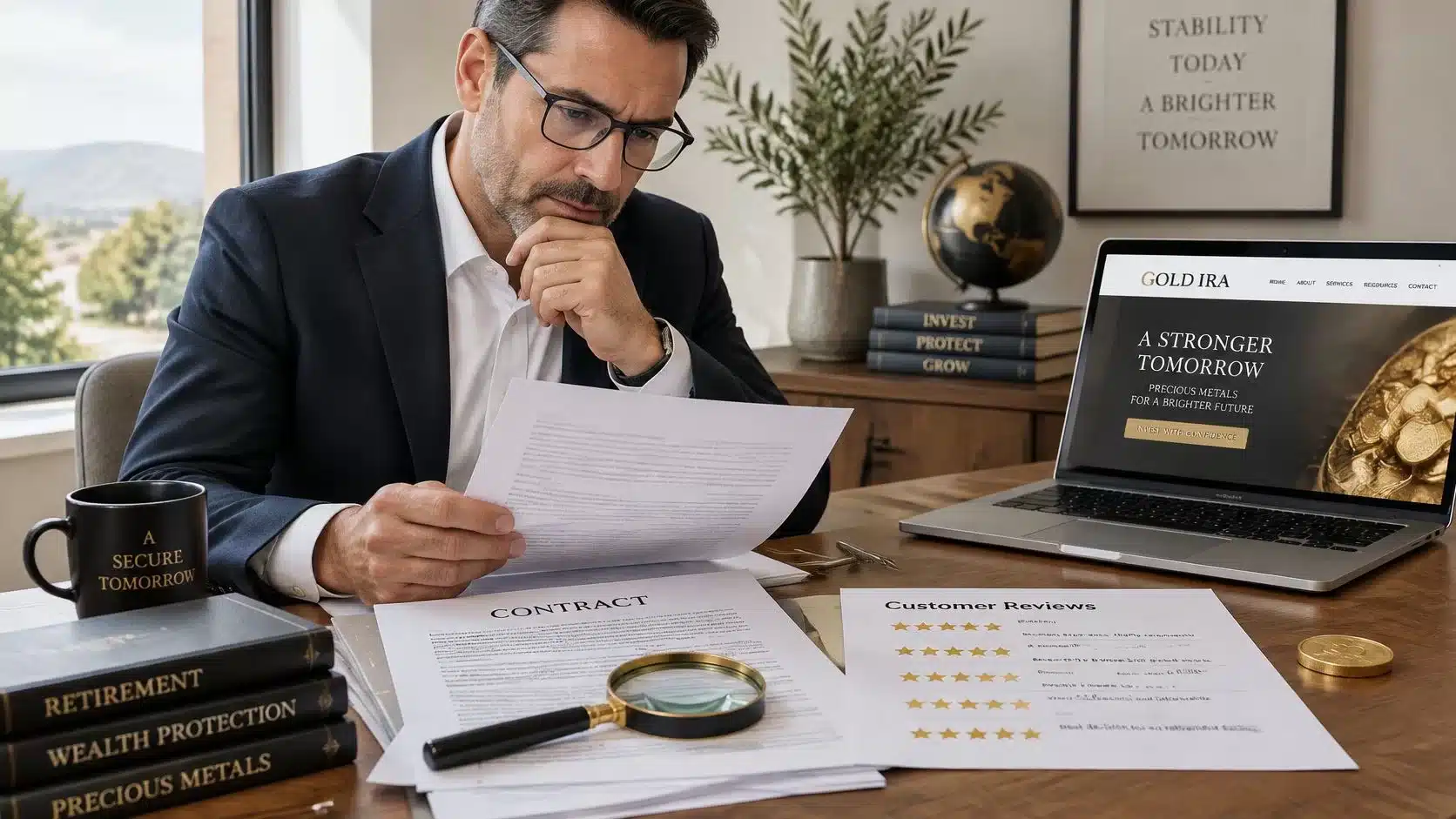 A professional man in a suit examines financial documents and contracts related to Gold IRA investments.