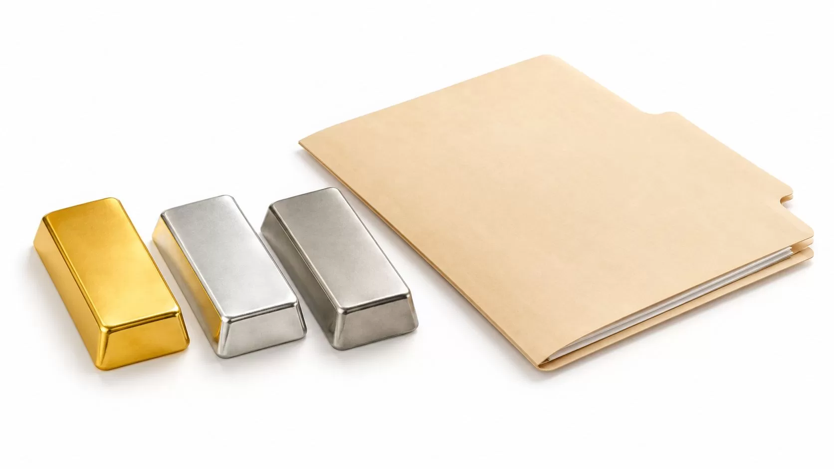 Gold and silver bullion bars placed next to a tan colored manila folder on white background.
