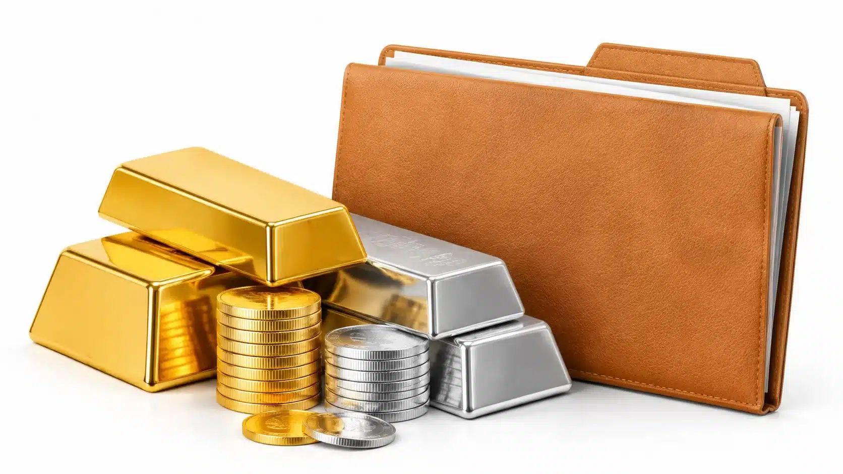 Gold and silver bullion bars stacked next to a professional brown leather document folder on white background.