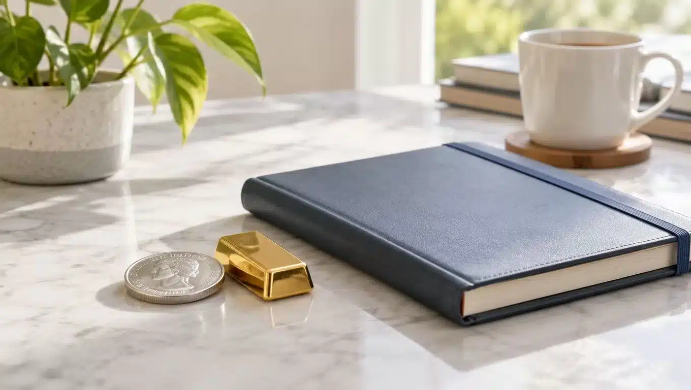 A silver coin, a small gold bar, and a notebook sit on a marble desk surface.