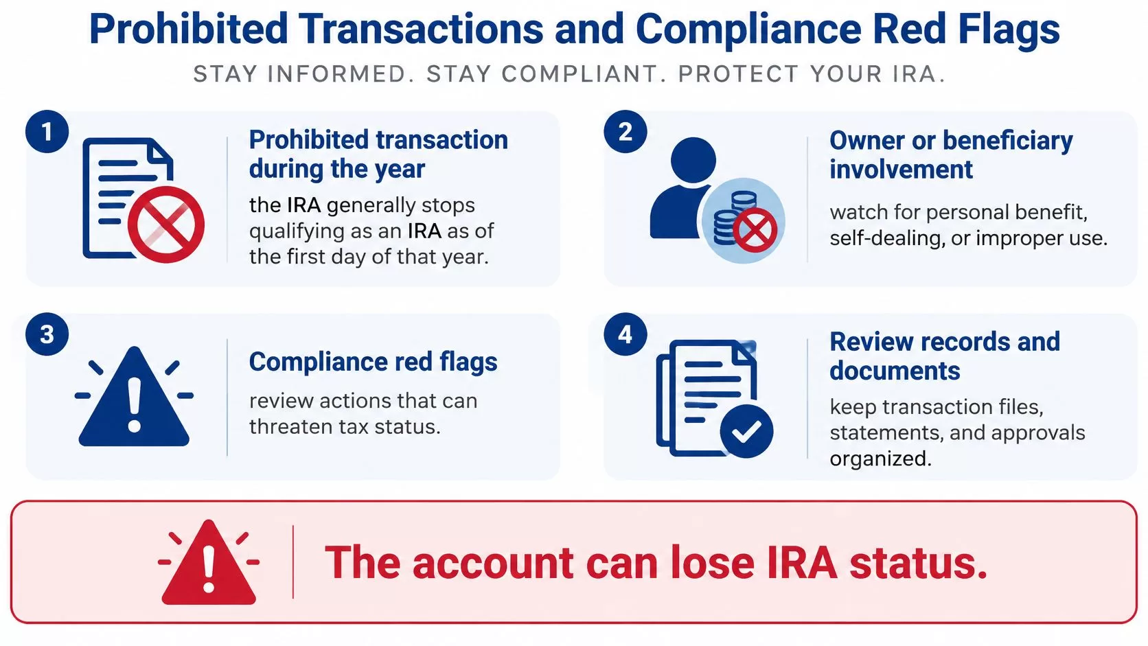 An infographic detailing prohibited IRA transactions and compliance red flags to protect your account's tax status.