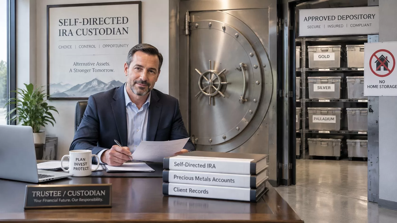 A professional financial custodian sitting at his desk in an office with a vault in the background.
