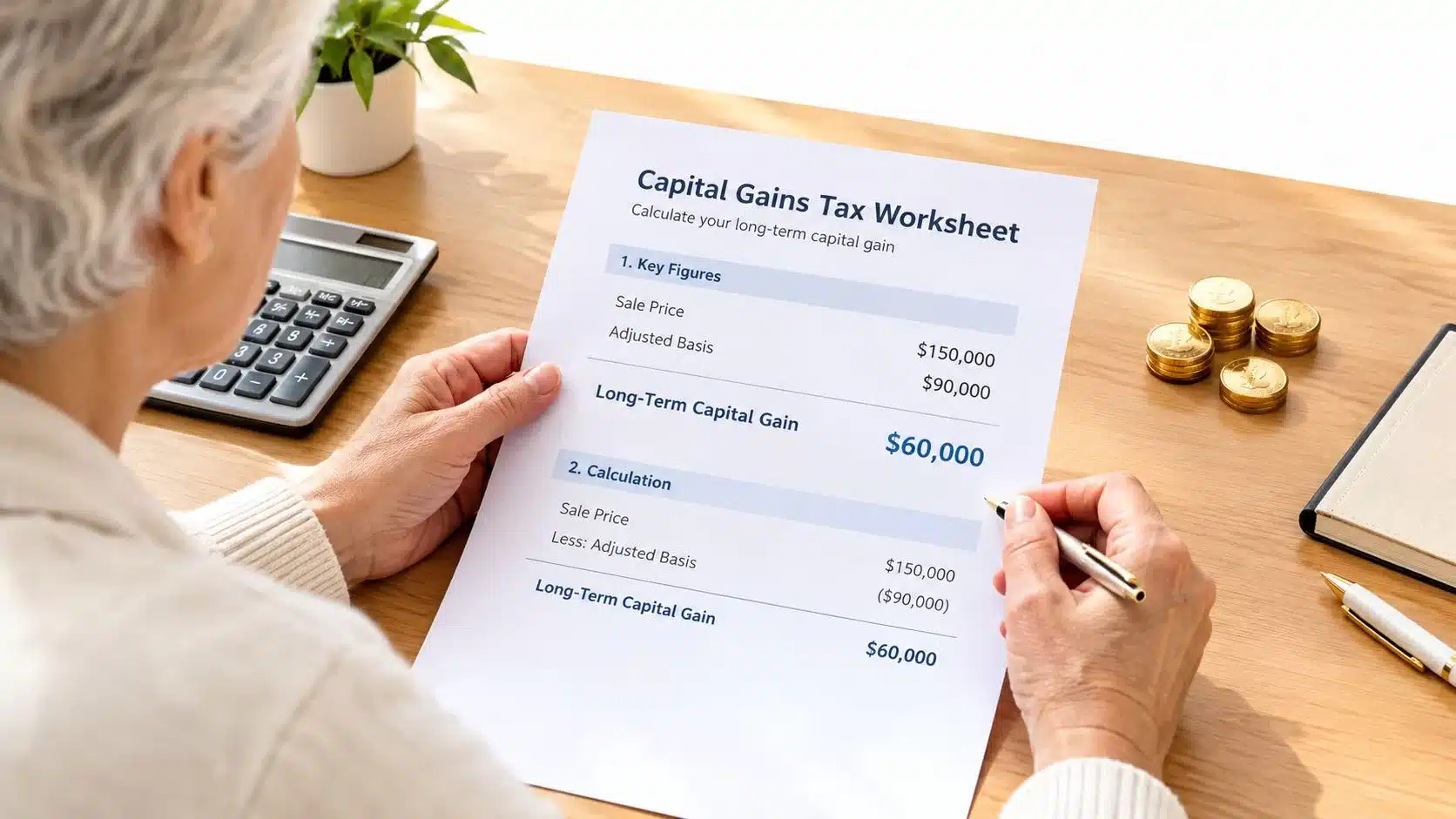 An elderly person reviews a capital gains tax worksheet while calculating financial gains from their gold investments.