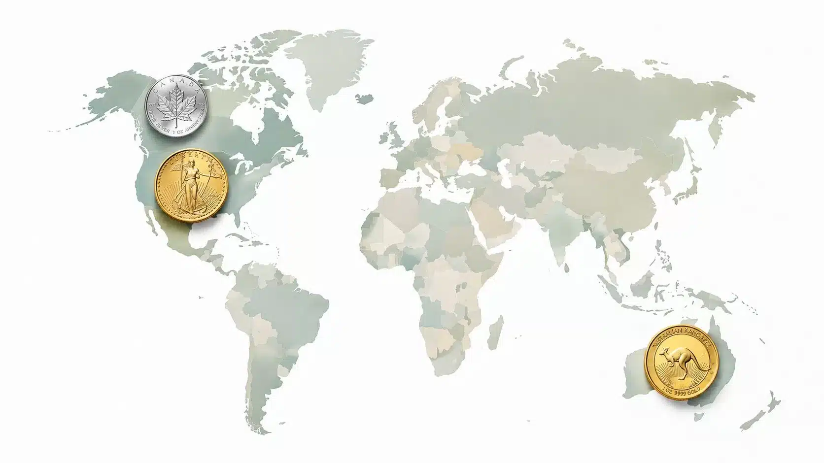 Three investment coins placed on a world map highlighting different countries for an investment diversification strategy.