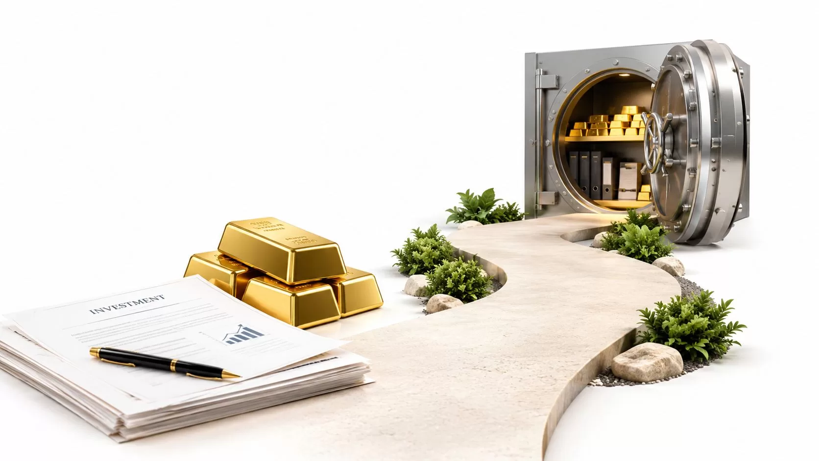 Gold bars and investment documents leading to a steel bank vault representing financial security and wealth growth.