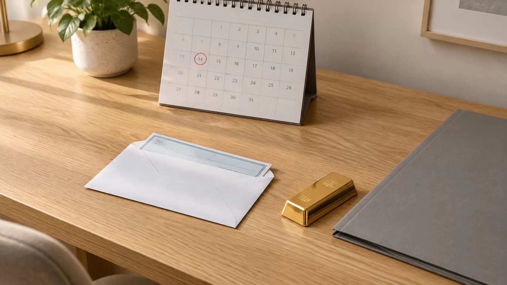 A wooden office desk featuring a calendar, a white envelope with a document, and a gold bar.