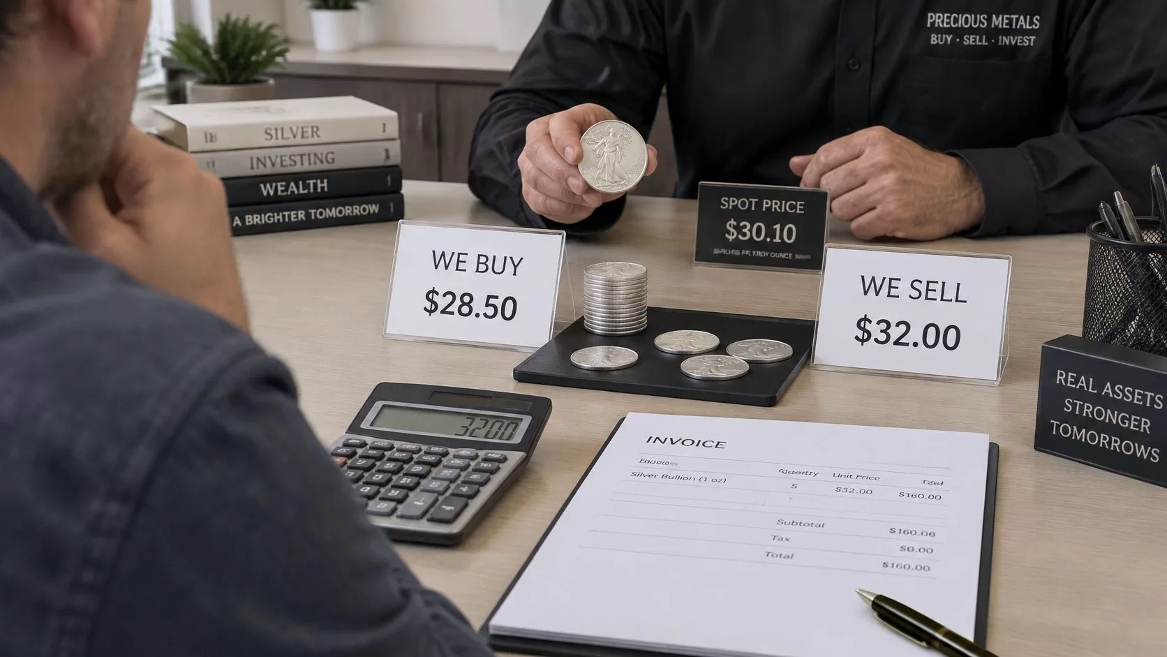 A professional precious metals consultant presenting a silver coin to a customer at a desk with pricing signs.