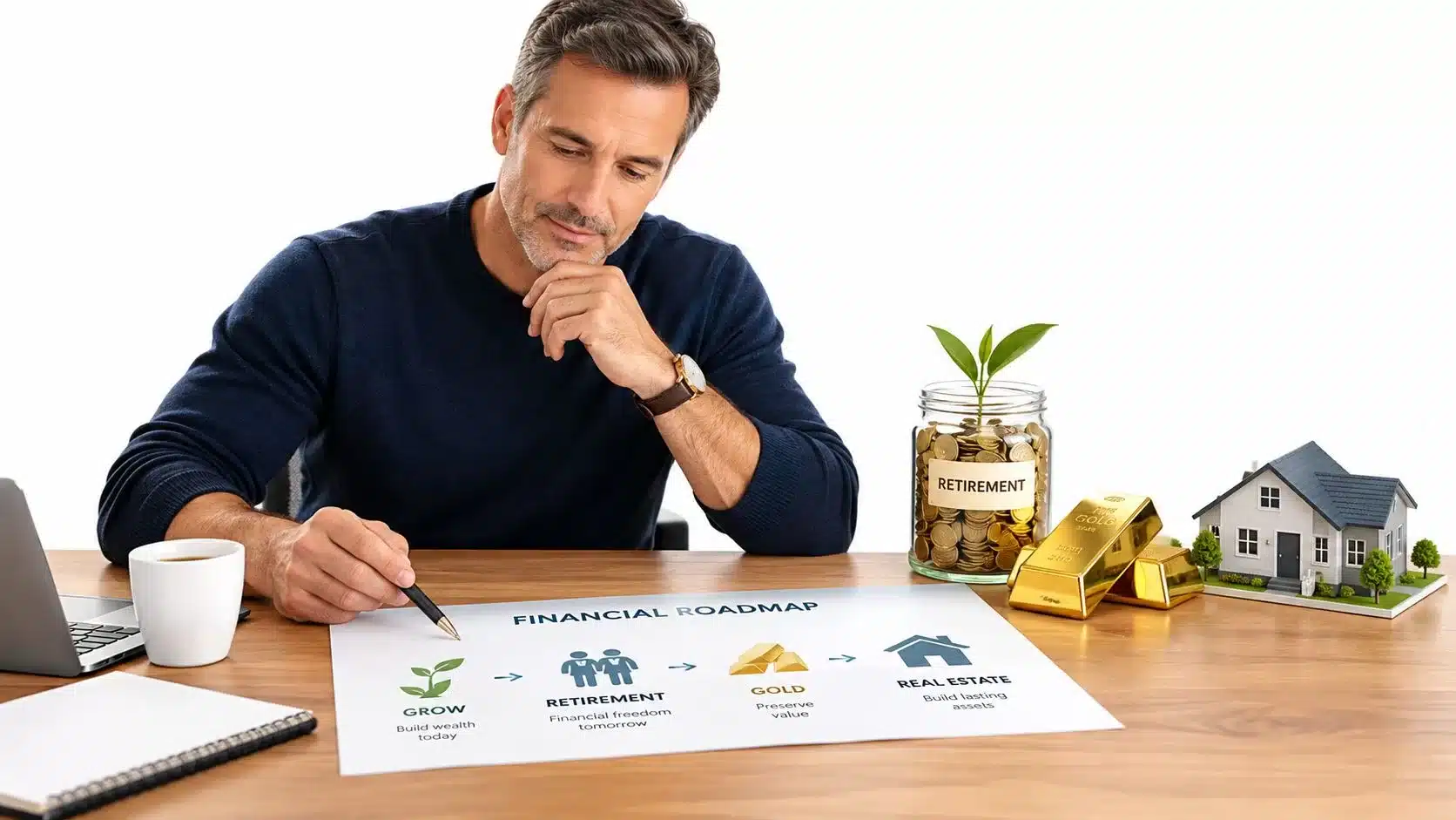 A professional man planning his financial roadmap involving growth, retirement, gold investments, and real estate assets.