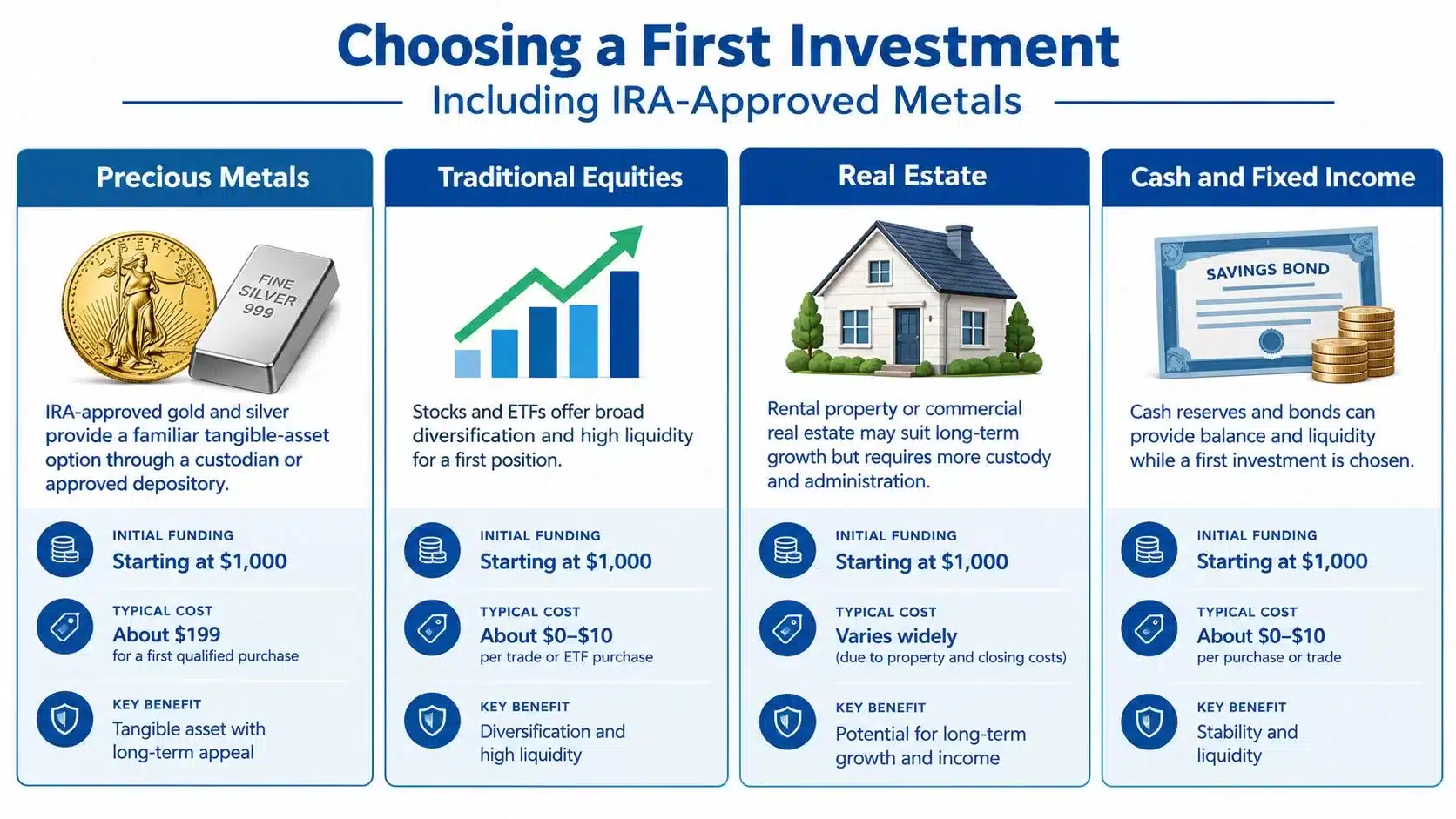 A comparison chart outlining four common investment types for first-time investors including precious metals and real estate.
