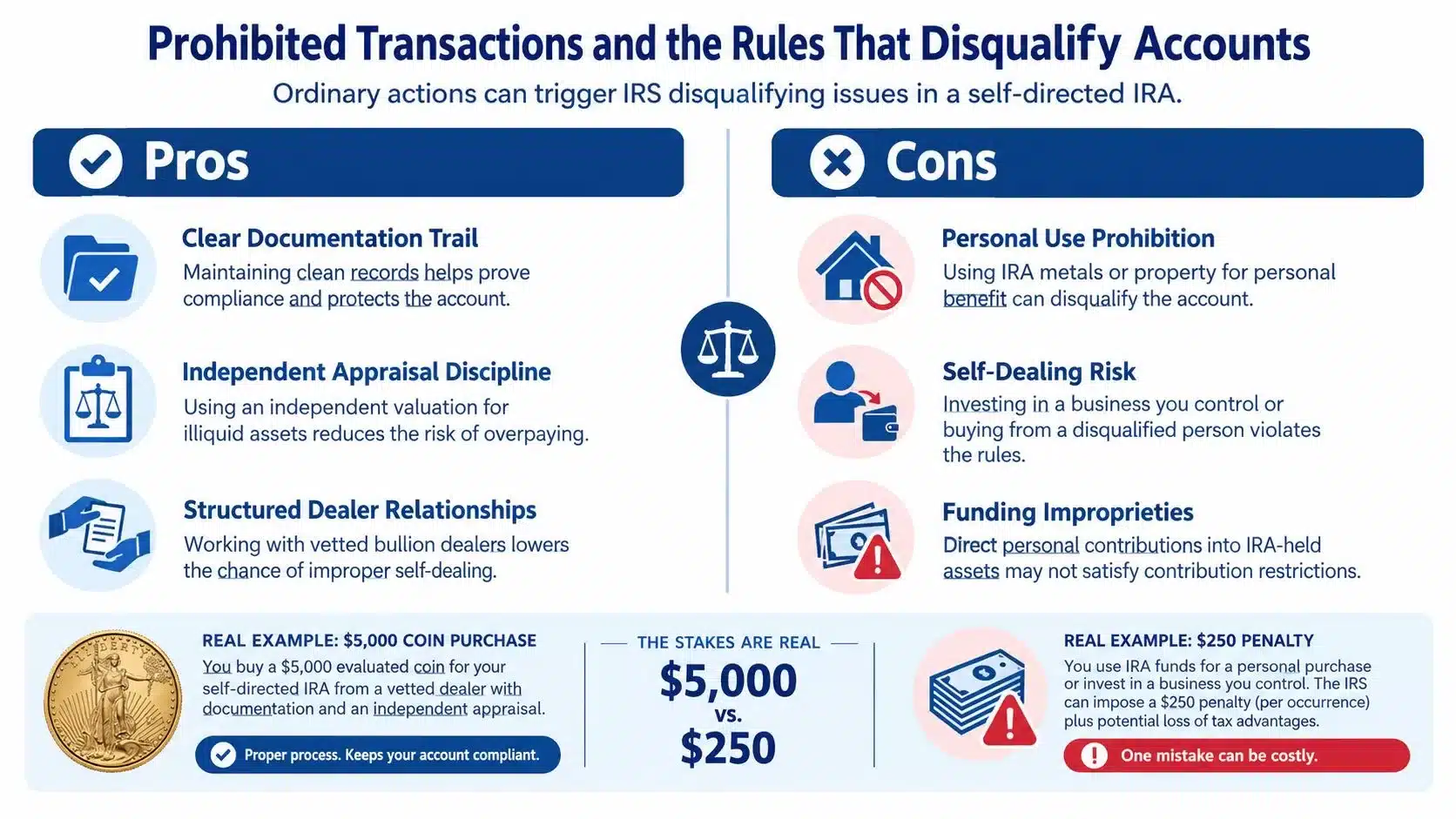 An infographic comparing pros and cons of self-directed IRA transactions, highlighting IRS compliance rules and risks.