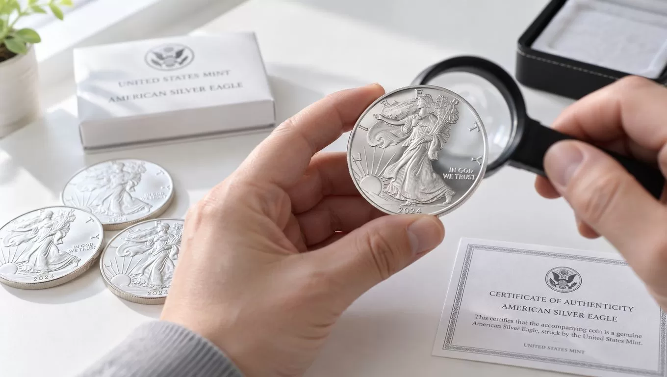A person inspects a 2024 American Silver Eagle coin with a magnifying glass near documentation.