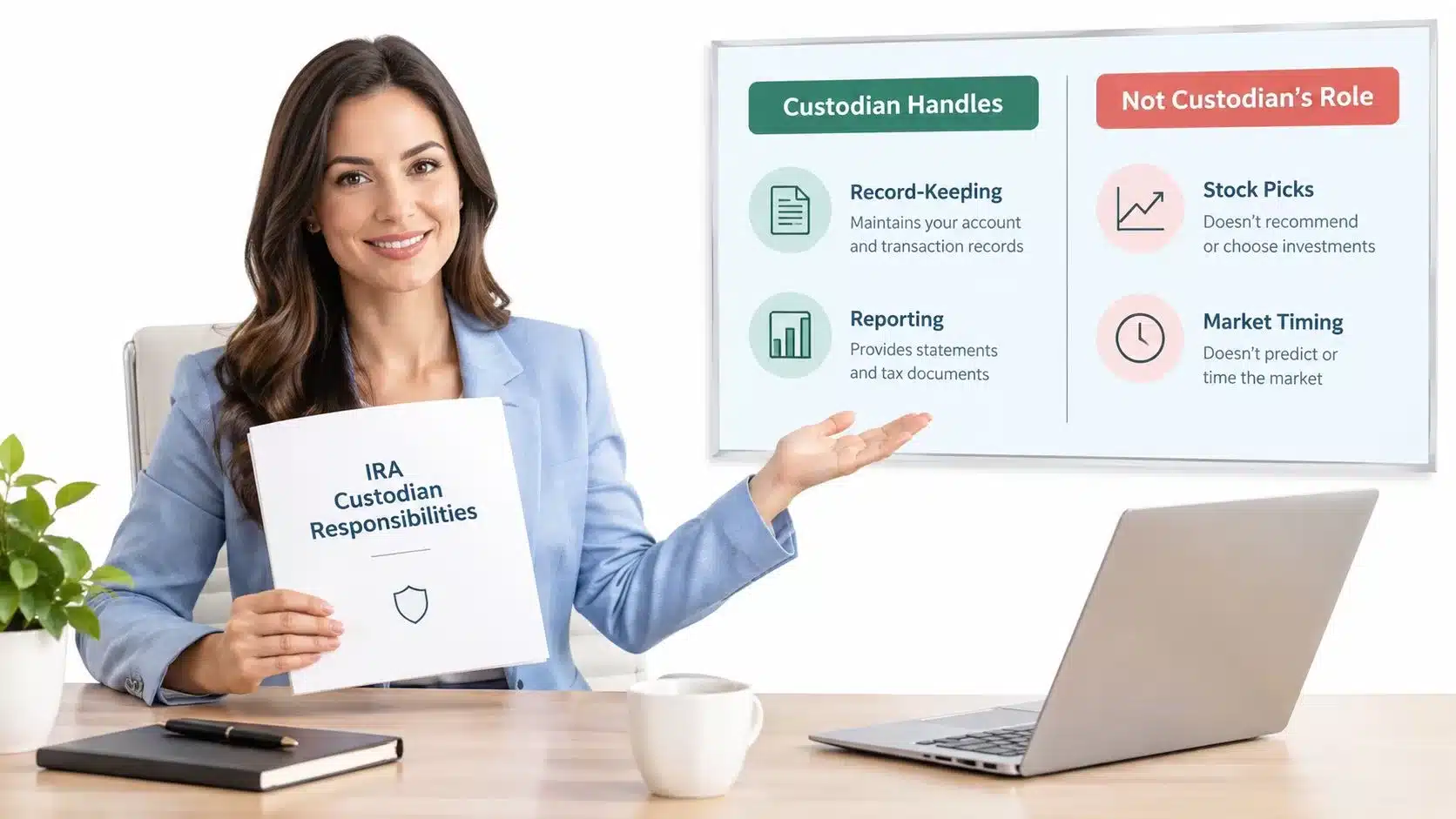 A professional woman presenting information about IRA custodian responsibilities, including record-keeping, reporting, and investment limitations.