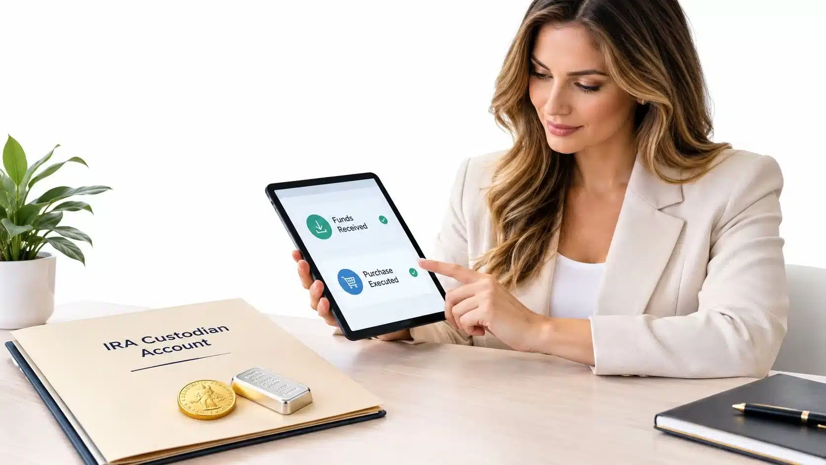 A businesswoman using a tablet to confirm IRA custodian account transactions with physical gold and silver nearby.