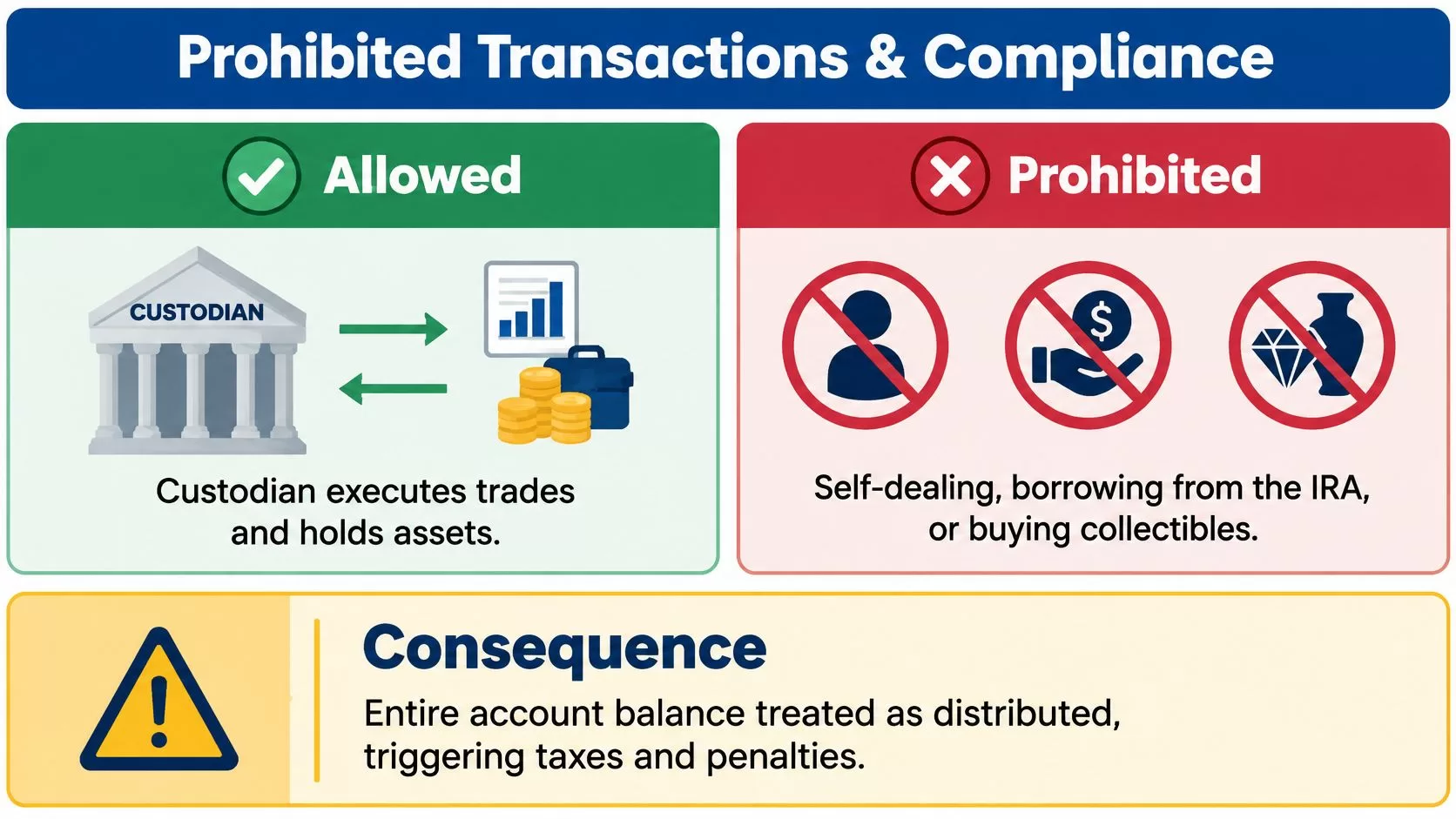 A graphic explaining IRA prohibited transactions, showing allowed custodian trades versus forbidden self-dealing, borrowing, and buying collectibles.