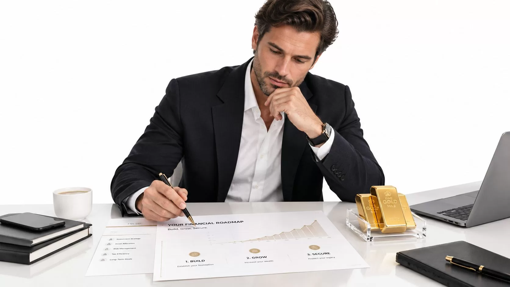 A professional financial advisor analyzing a golden growth chart with gold bars on his desk.