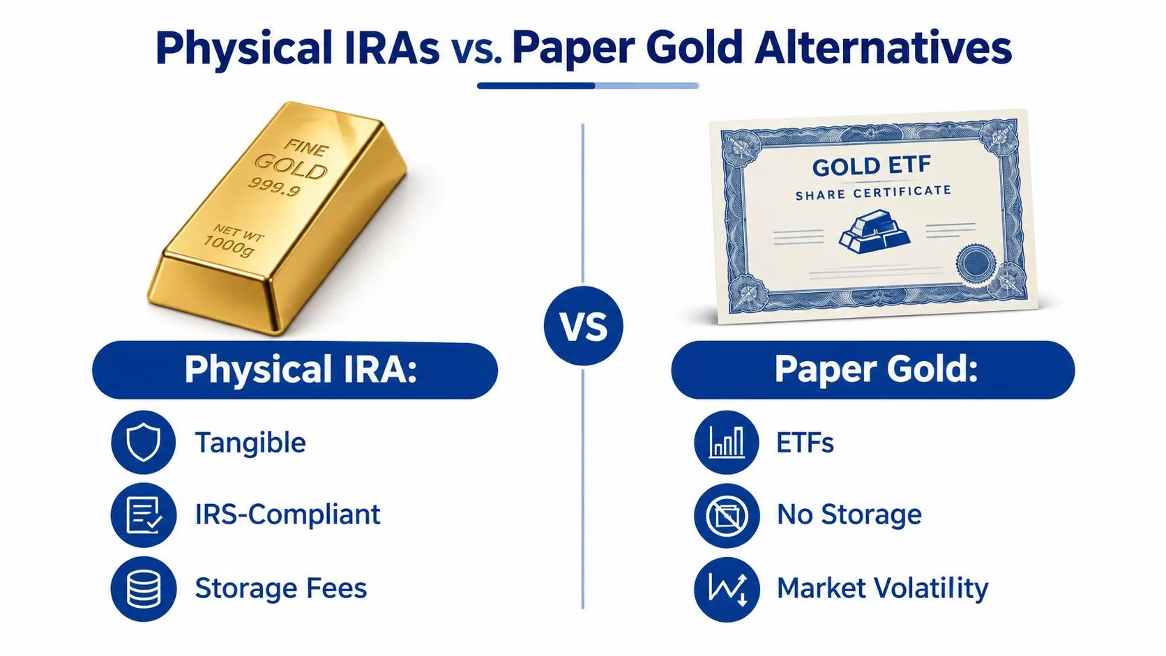 A comparison infographic between physical gold IRAs and paper gold alternatives like ETFs for investment purposes.