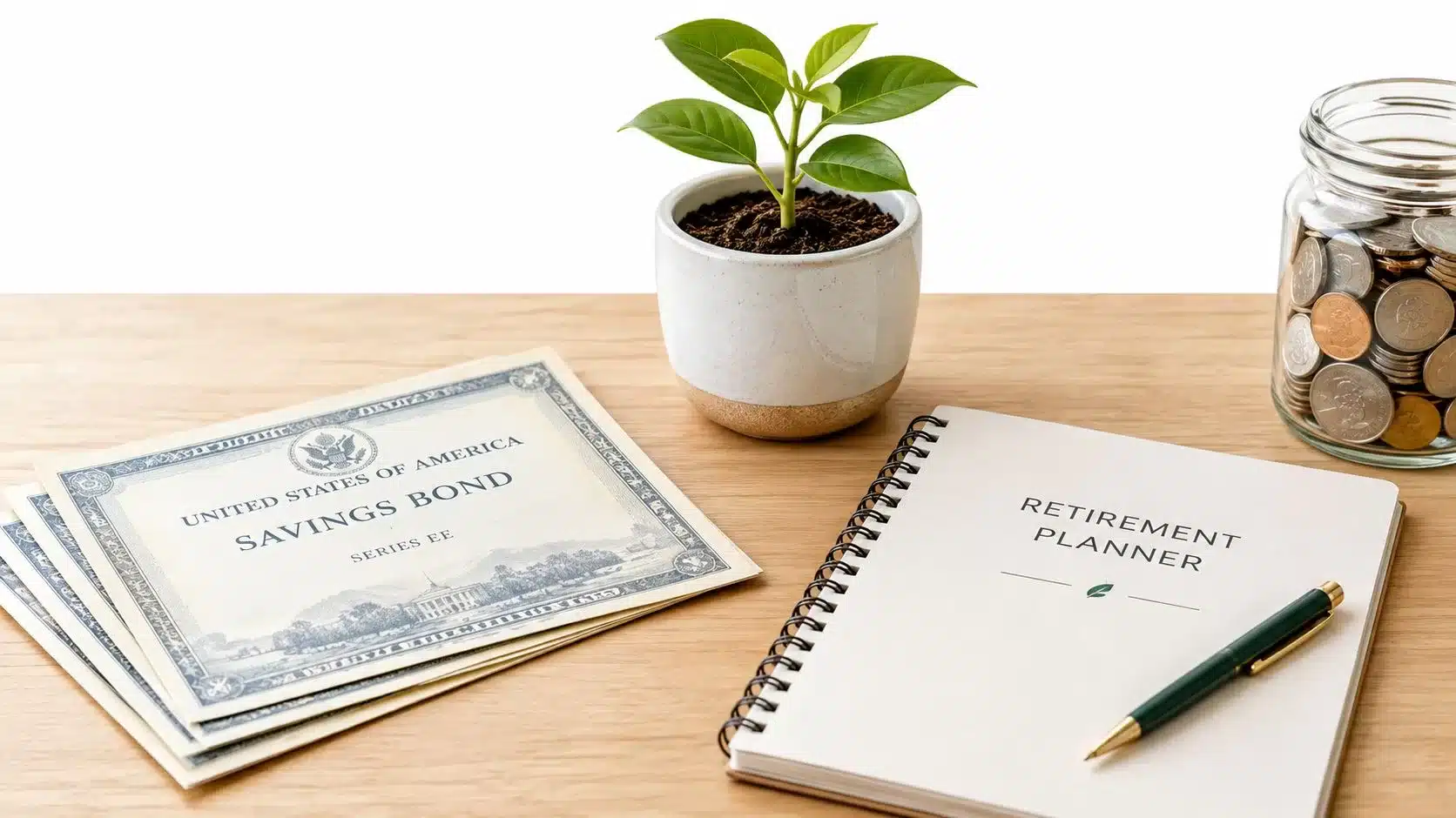 Savings bonds, a retirement planner, a small potted plant, and a jar of coins on a table.