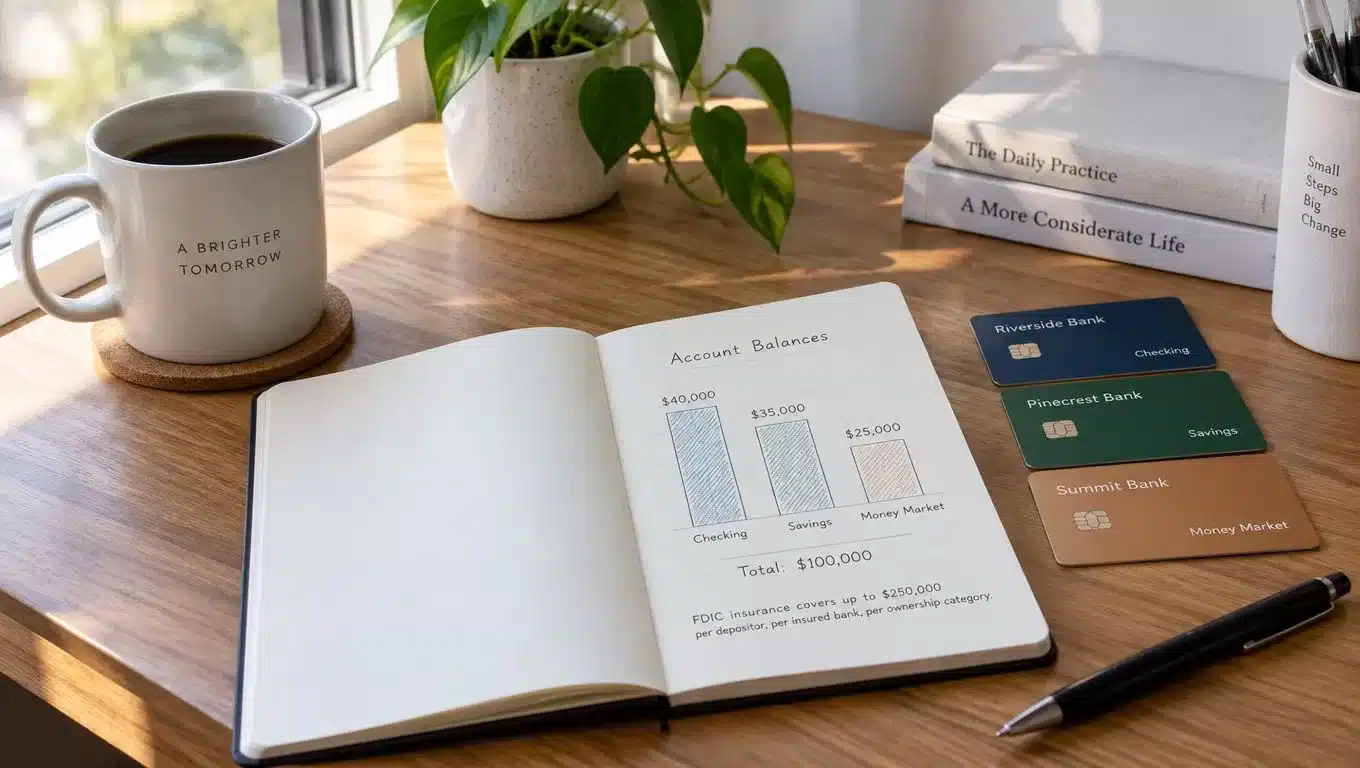 An open notebook with a bar chart of bank account balances sitting on a wooden desk.