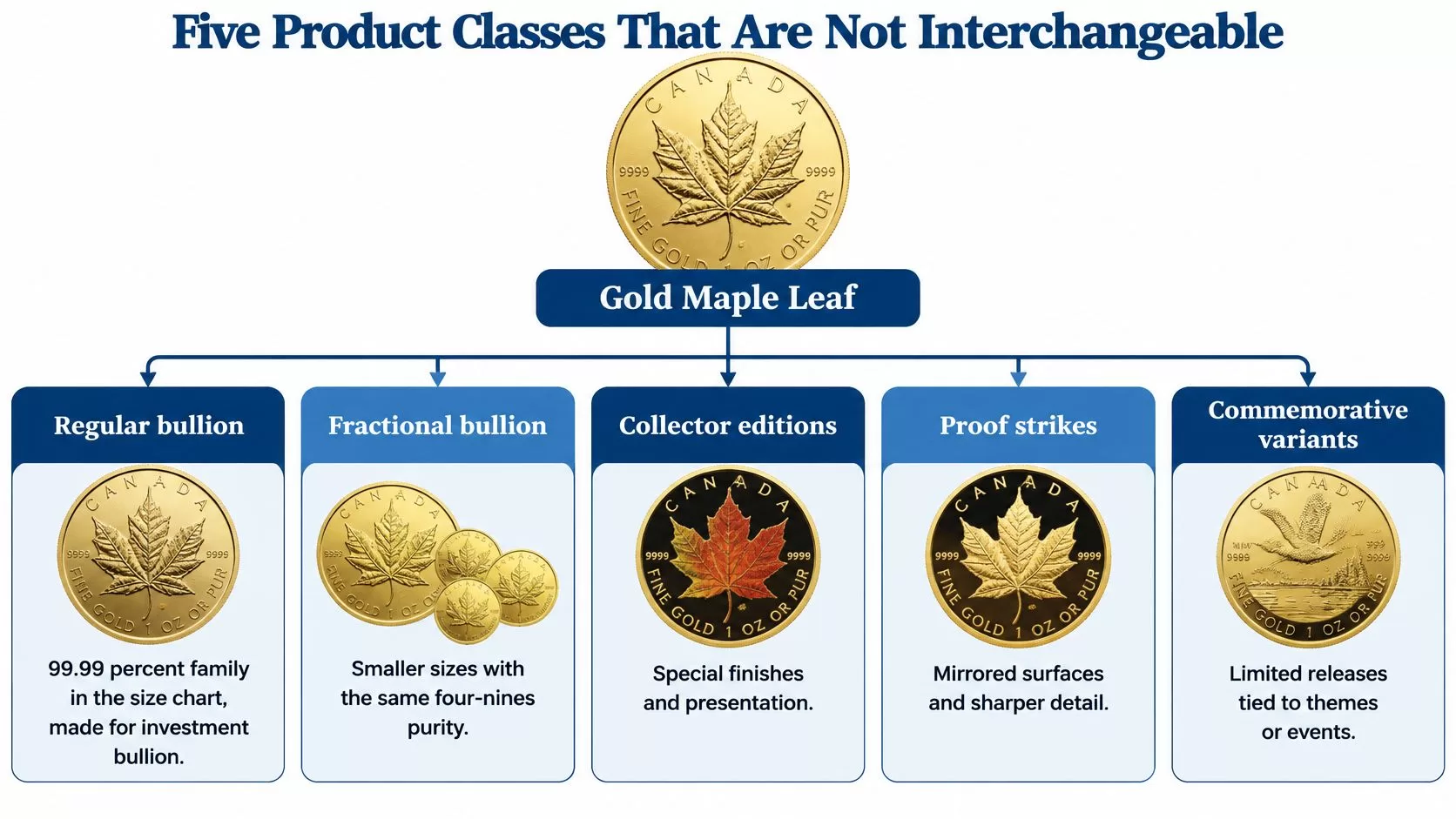 A chart illustrating the five non-interchangeable product classes of the Canadian Gold Maple Leaf coin series.