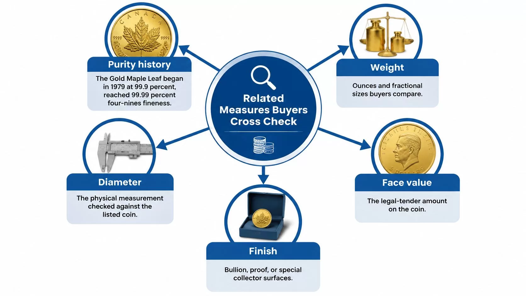 A diagram illustrating five key physical and legal specifications to verify when buying gold coins.