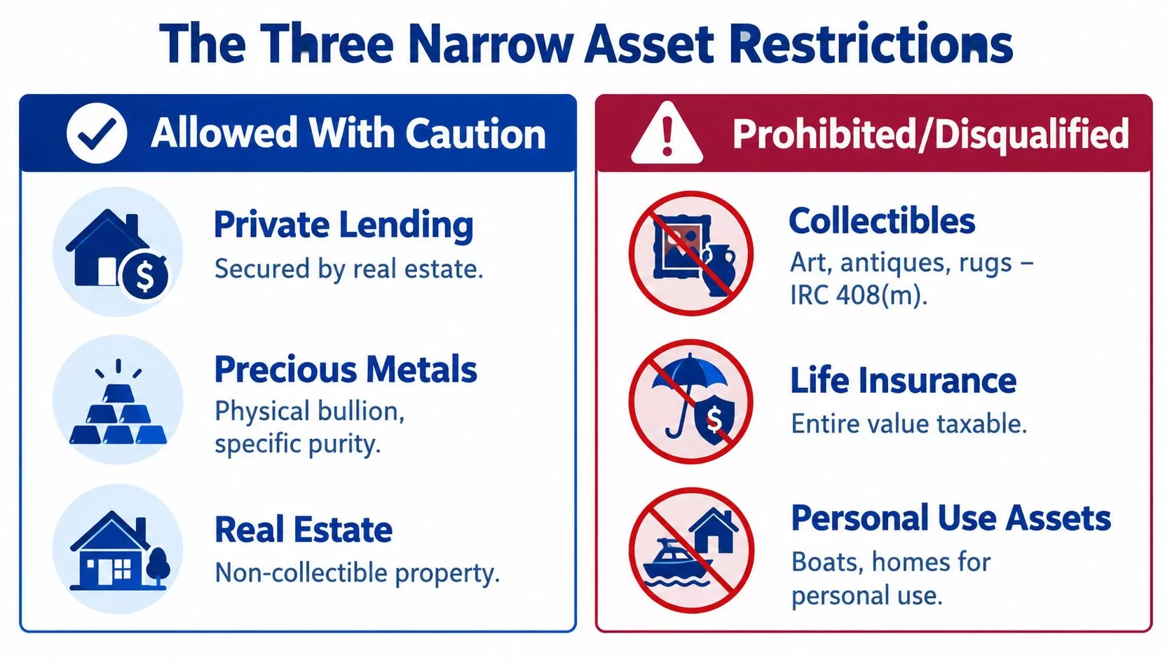 A chart showing self-directed IRA asset restrictions, categorizing investments as allowed with caution or prohibited and disqualified.