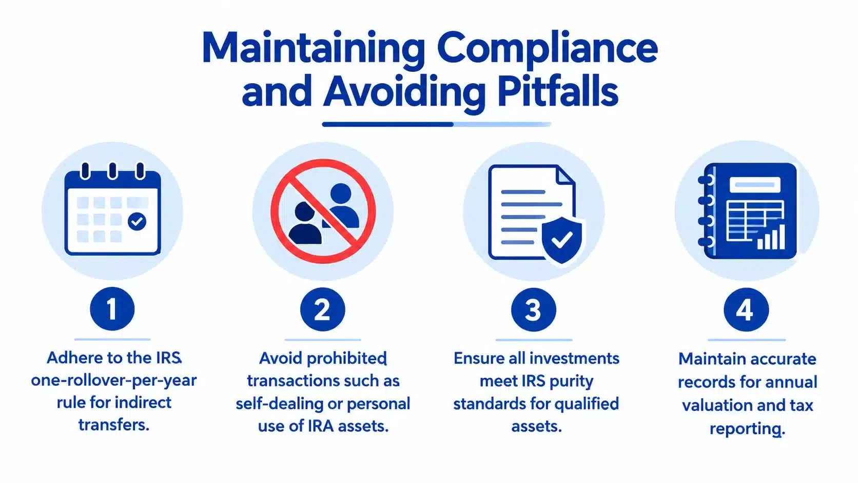 A list of four key rules for maintaining compliance and avoiding common pitfalls in self-directed IRA management.